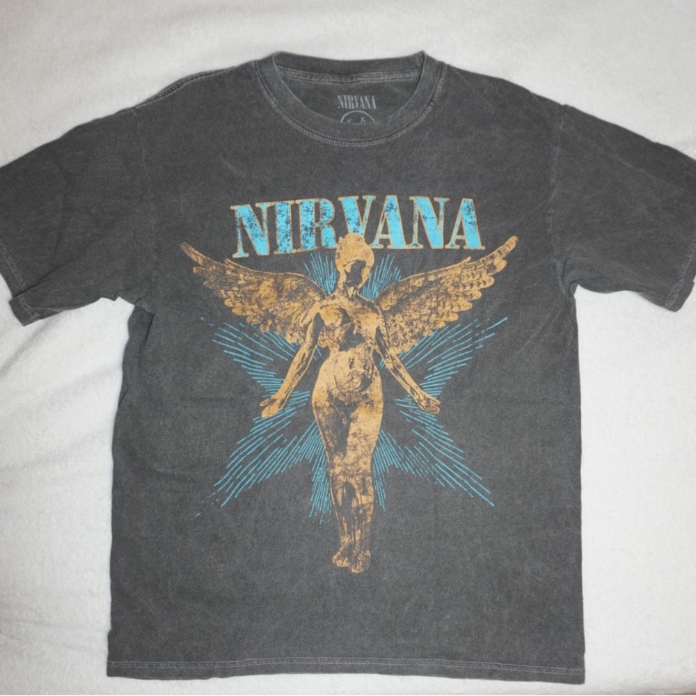 NIRVANA Charcoal Tee with Gold and Blue Angel Design
